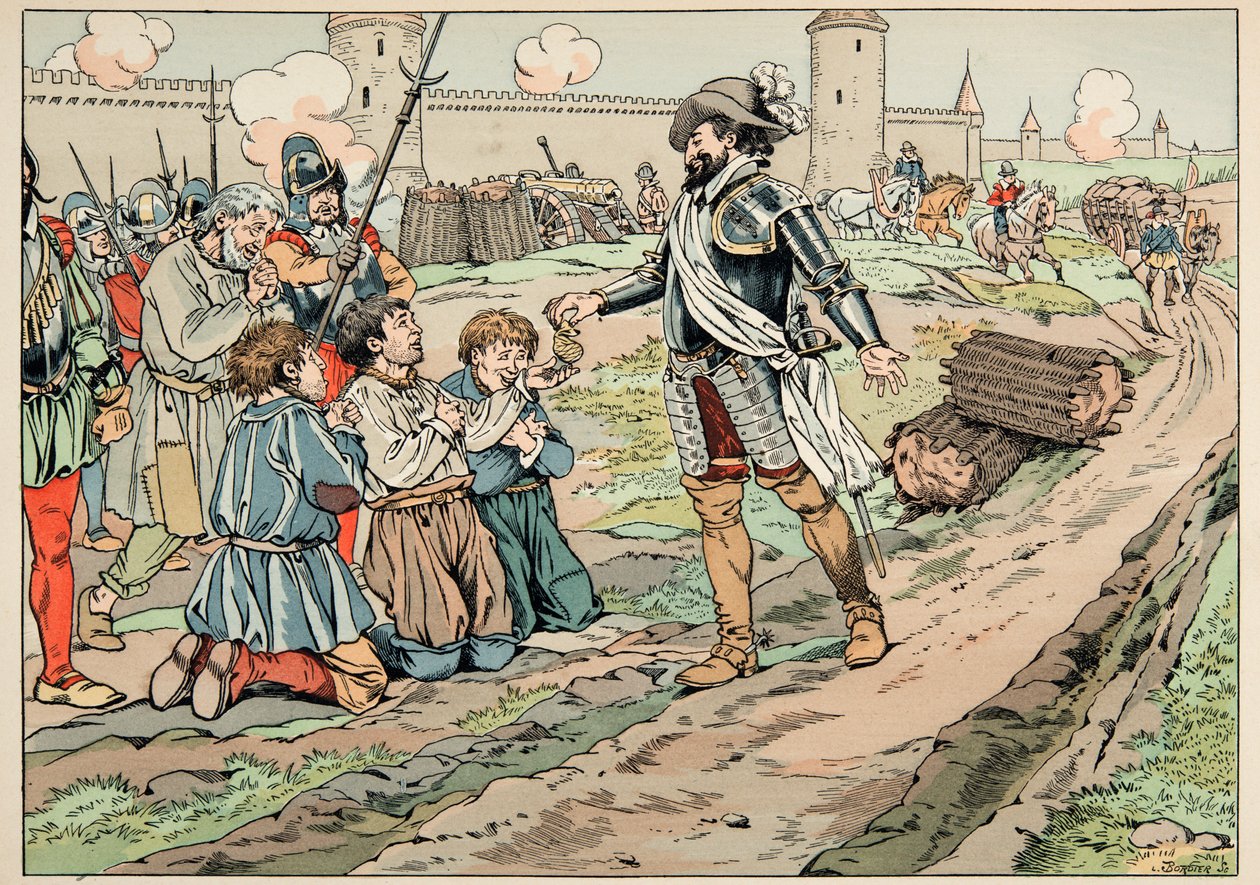 Illustrazione tratta dal libro “Le bon roy Henri”, illustrata da Jacques Marie Gaston Onfray de Breville detto JOB (1858-1931): Enrico IV dà denaro e libera i contadini che hanno cercato di introdurre cibo a Parigi - Collezione privata da pseudonym for Onfray de Breville Jacques Job