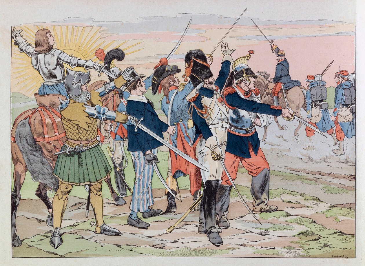 Jacques Marie Gaston Onfray de Breville detto JOB (1858 - 1931); Illustrazione dal libro “Les épées de France”: Allegoria delle glorie di Francia ai poilus del 1914; Coll, Part da pseudonym for Onfray de Breville Jacques Job