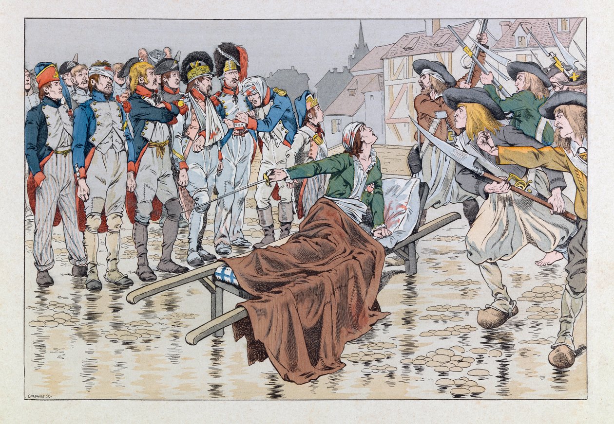 Illustrazione dal libro Les épées de France: Il marchese de Bonchamps ferito mortalmente dopo la battaglia di Cholet nel 1793 salva prigionieri repubblicani dalle mani dei chouan da pseudonym for Onfray de Breville Jacques Job
