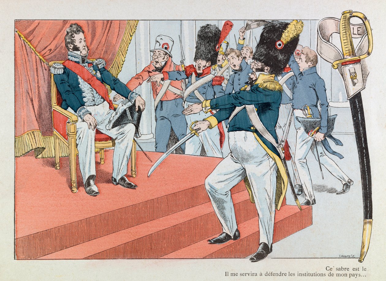 Jacques Marie Gaston Onfray de Breville detto JOB (1858-1931); Illustrazione dal libro "Les épées de France": Luigi Filippo (1773-1850) sul trono; Coll, Part da pseudonym for Onfray de Breville Jacques Job