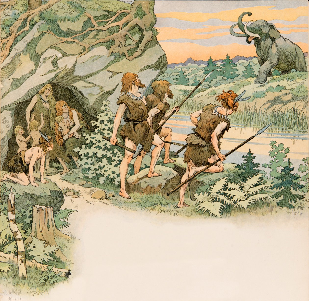 Durante la preistoria, uomini delle caverne proteggono le loro famiglie da un attacco di mammut da pseudonym for Onfray de Breville Jacques Job