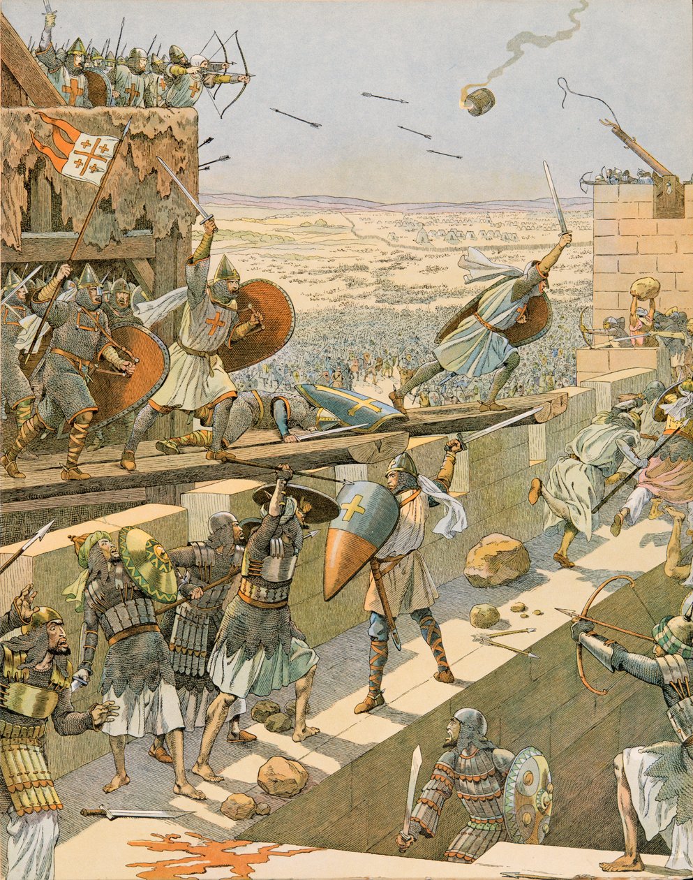 Jacques Marie Gaston Onfroy de Breville detto JOB (1858-1931) - Storia del Belgio: Englebert e Lietaud de Tournai, crociati di Tournai, assaltarono per primi Gerusalemme nel 1099, Collezione privata da pseudonym for Onfray de Breville Jacques Job