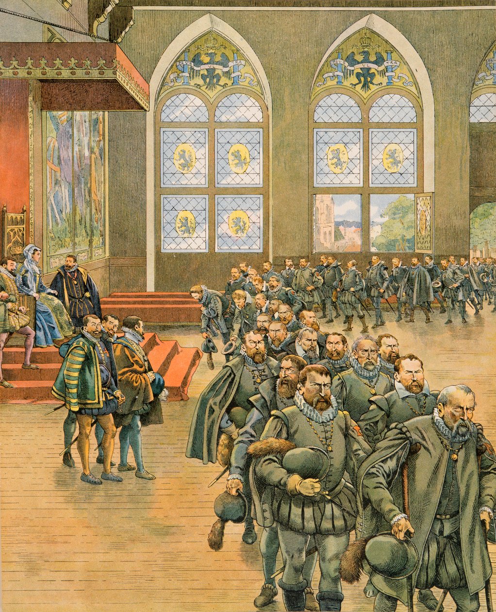 Jacques Marie Gaston Onfroy de Breville dit JOB - Storia del Belgio: I Gueux presentano le loro rispettose rimostranze a Margherita di Parma, governatrice dei Paesi Bassi sotto Filippo II, nel 1566, Collezione Privata da pseudonym for Onfray de Breville Jacques Job