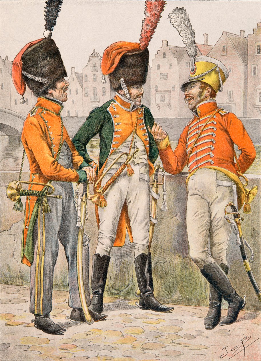 Uniforme delle truppe francesi di tutti i tempi: trombe dei reggimenti di cacciatori a cavallo 14°, 23°, 24° prima del 1812 da pseudonym for Onfray de Breville Jacques Job