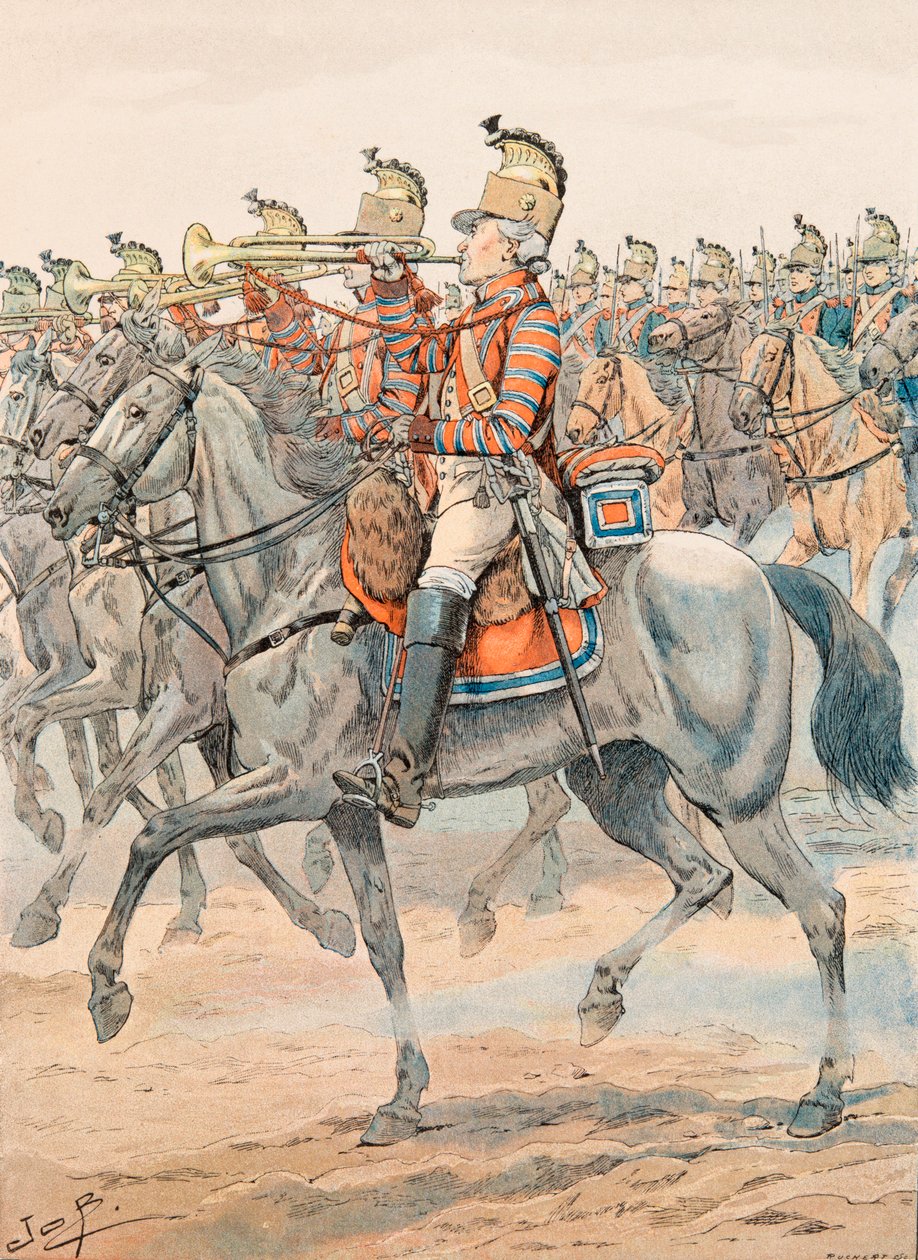Jacques Marie Gaston Onfroy de Breville dit JOB - Uniforme delle truppe francesi di tutti i tempi: Trombettiere del Reggimento di Orleans - Dragoni (1781), Collezione Privata da pseudonym for Onfray de Breville Jacques Job