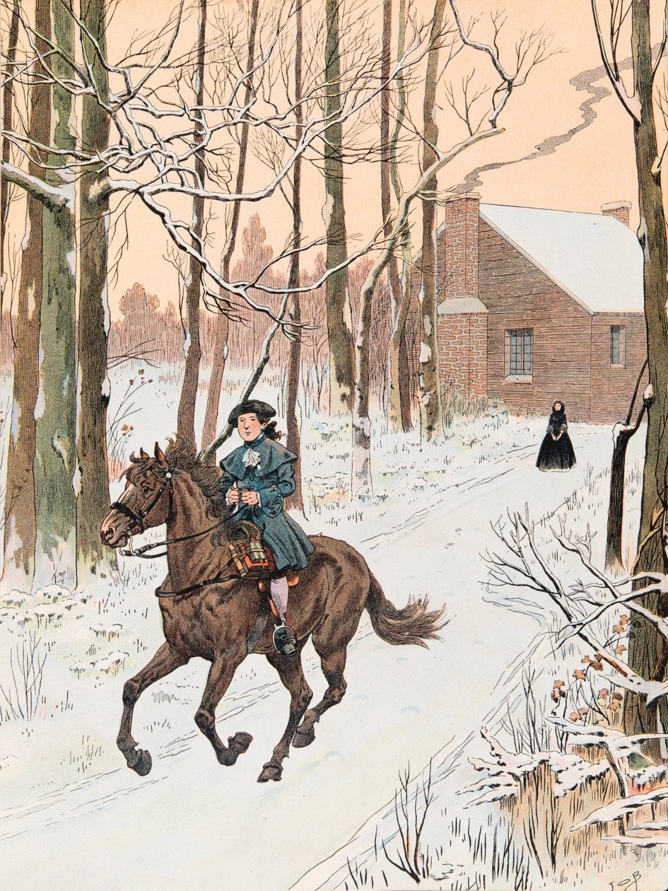 Jacques Marie Gaston Onfroy de Breville detto JOB (1858-1931) - Il giovane George Washington (1732-1799) lasciò la casa di famiglia nel 1740 per la Old Field School, Collezione privata da pseudonym for Onfray de Breville Jacques Job