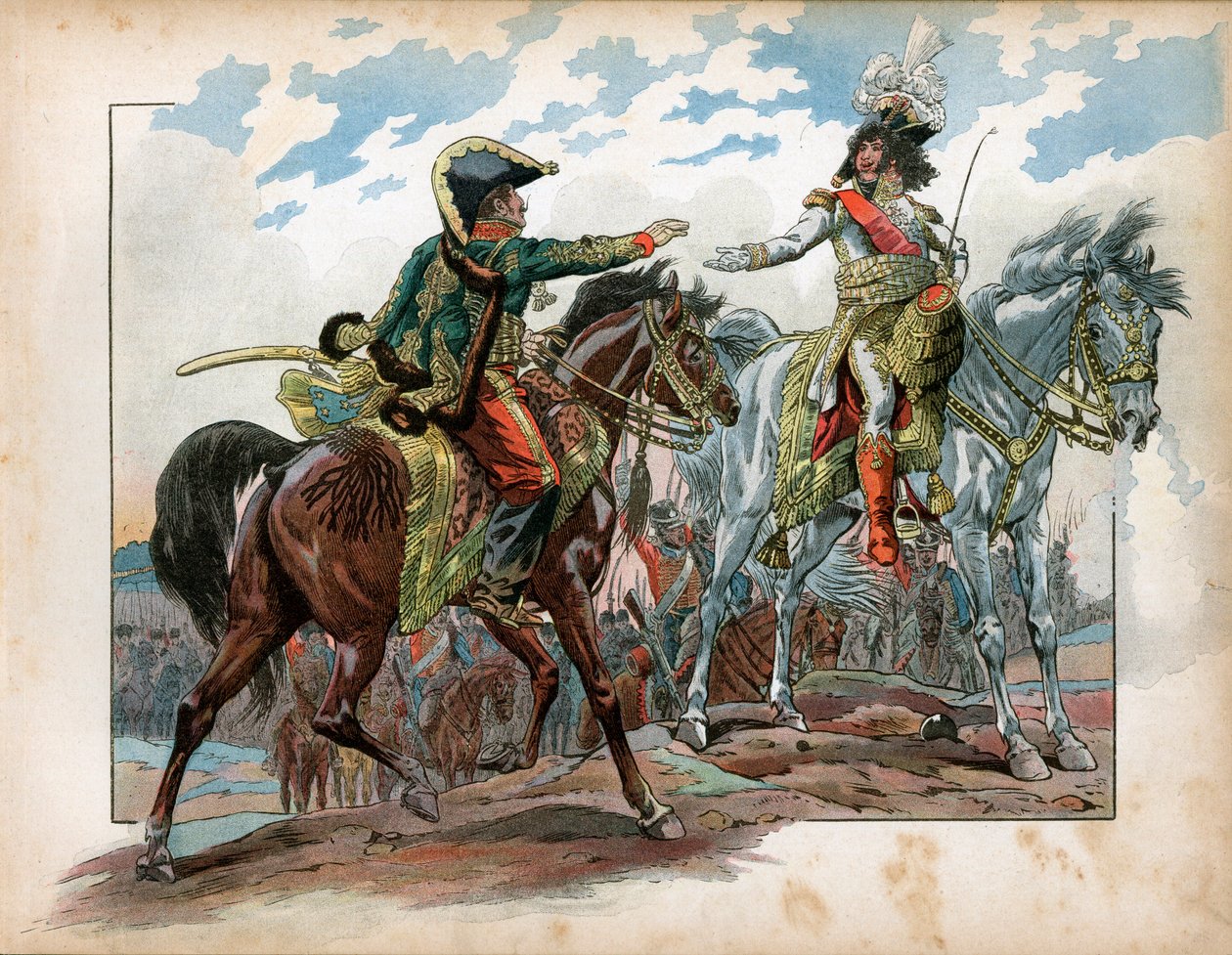 Joachim Murat (1767-1815) e il generale Antoine Charles Louis de La Salle (Lasalle) (1775-1809) durante la battaglia di Heilsberg nel 1807 da pseudonym for Onfray de Breville Jacques Job
