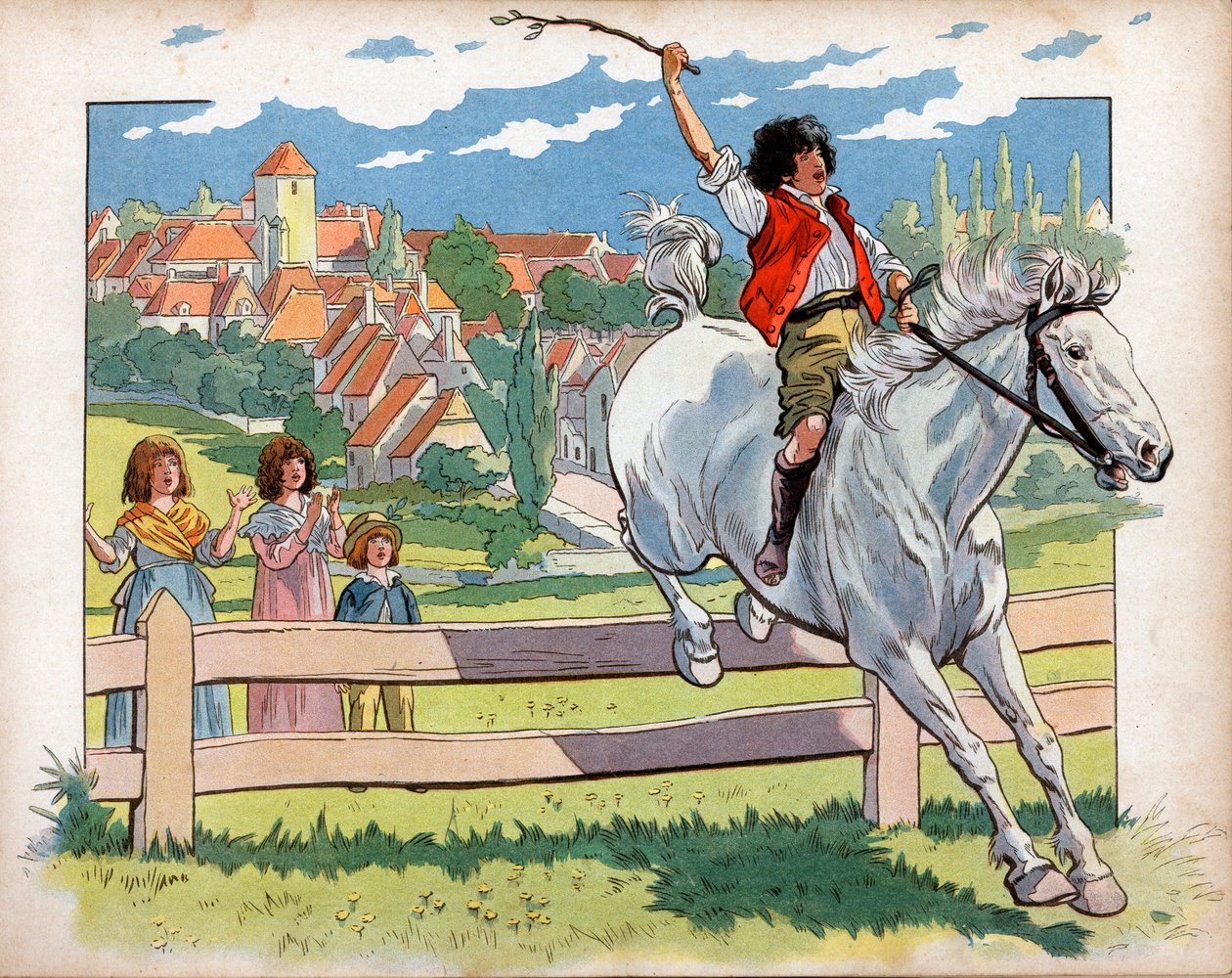 Joachim Murat (1767-1815) bambino su un cavallo si allena a saltare siepi. Incisione di Jacques Marie Gaston Onfray de Breville detto Job da pseudonym for Onfray de Breville Jacques Job