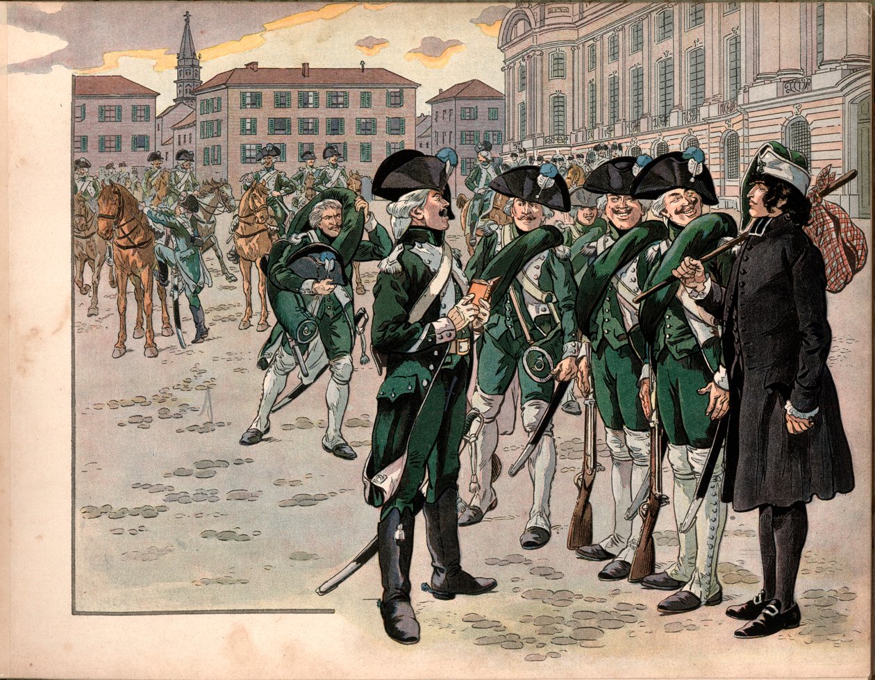 Joachim Murat (1767-1815) si unì al Reggimento dei Cacciatori delle Ardenne nel 1787. Incisione di Jacques Marie Gaston Onfray de Breville detto Job da pseudonym for Onfray de Breville Jacques Job
