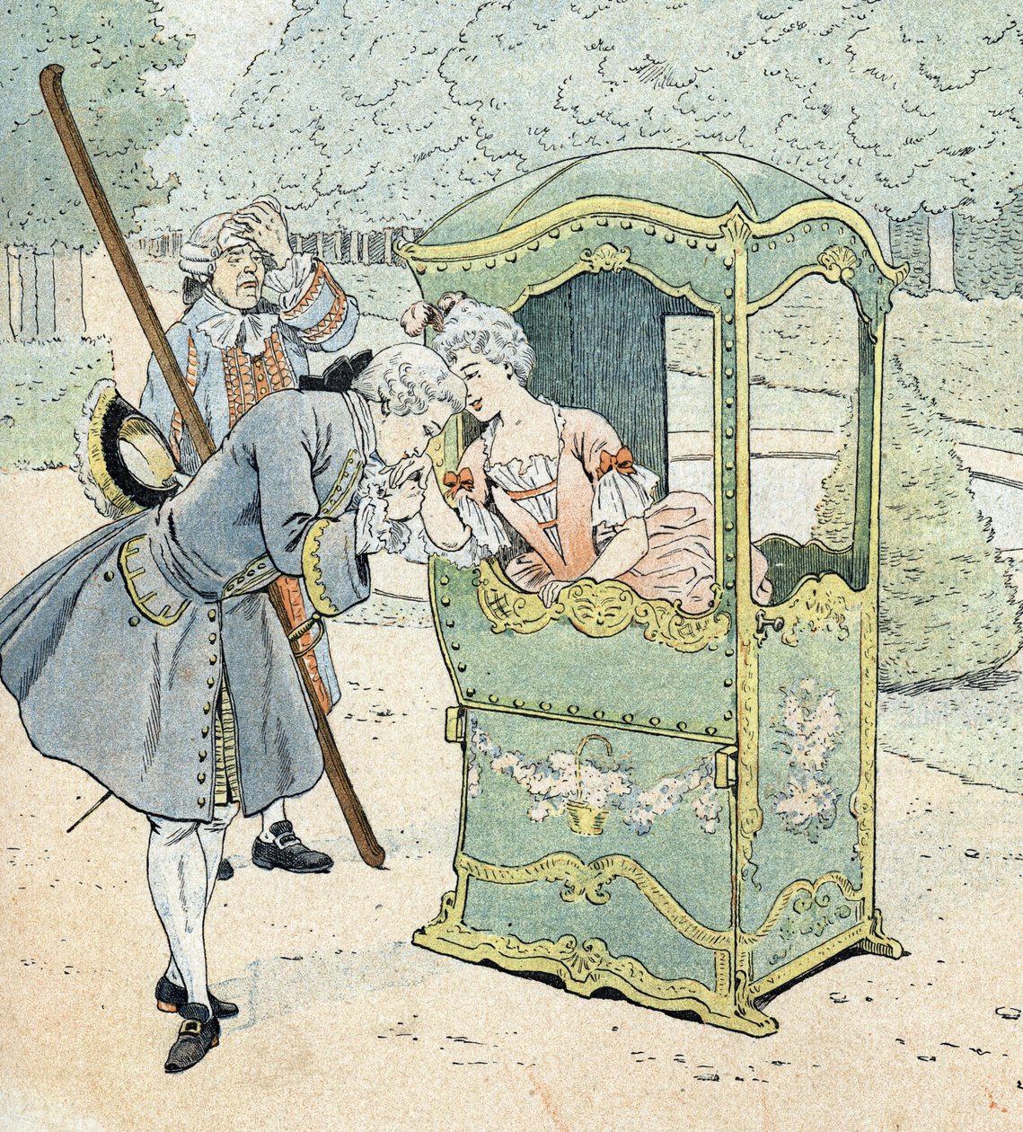 Dama della nobiltà nel XVIII secolo, su una sedia con portatori che riceve il bacio della mano da pseudonym for Onfray de Breville Jacques Job