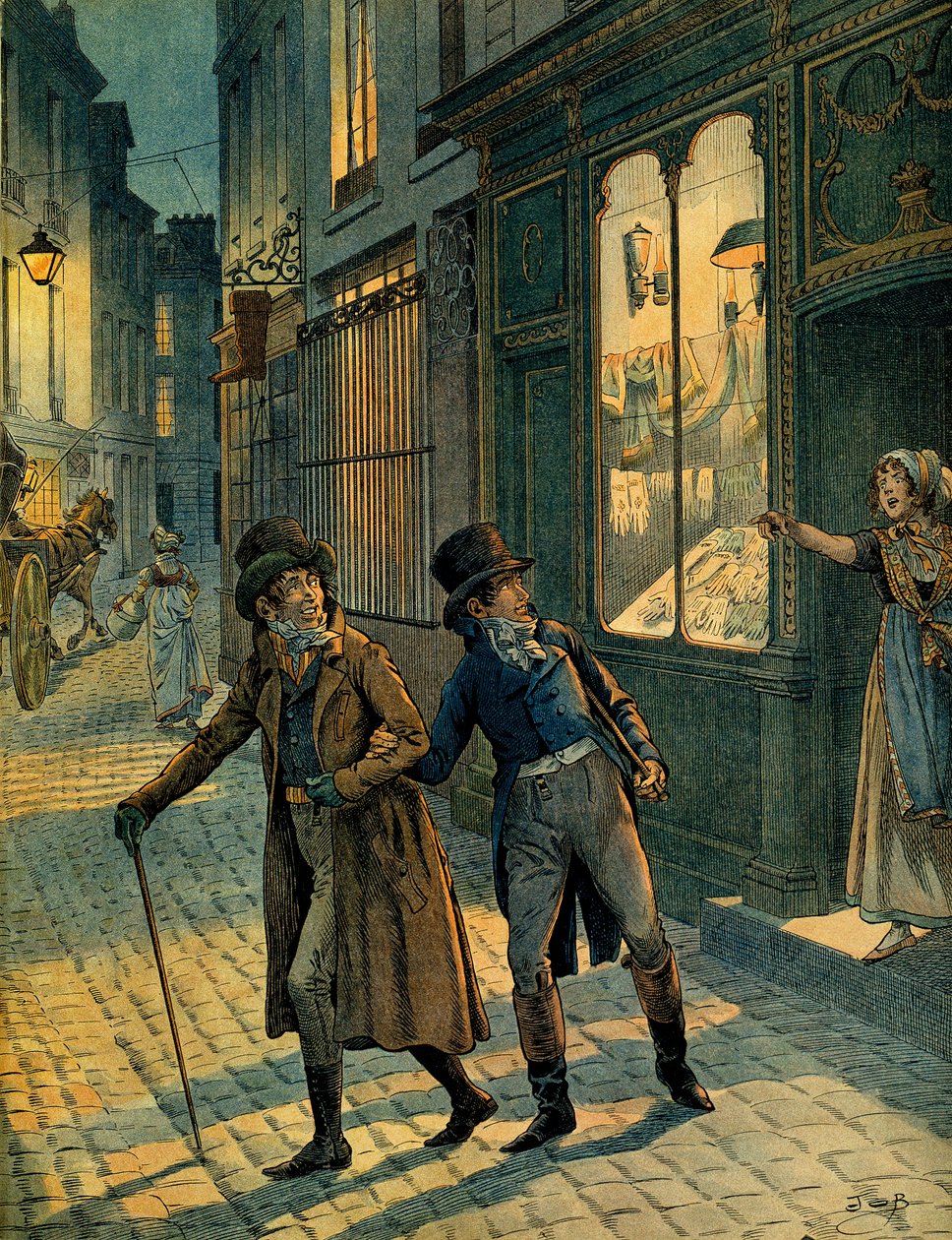 Louis Antoine Fauvelet de Bourrienne (1769-1834) e Napoleone I Bonaparte (1769-1821) per le strade di Parigi in incognito. Illustrazione di Jacques Marie Gaston Onfray de Breville detto JOB (1858-1931). Collezione privata da pseudonym for Onfray de Breville Jacques Job