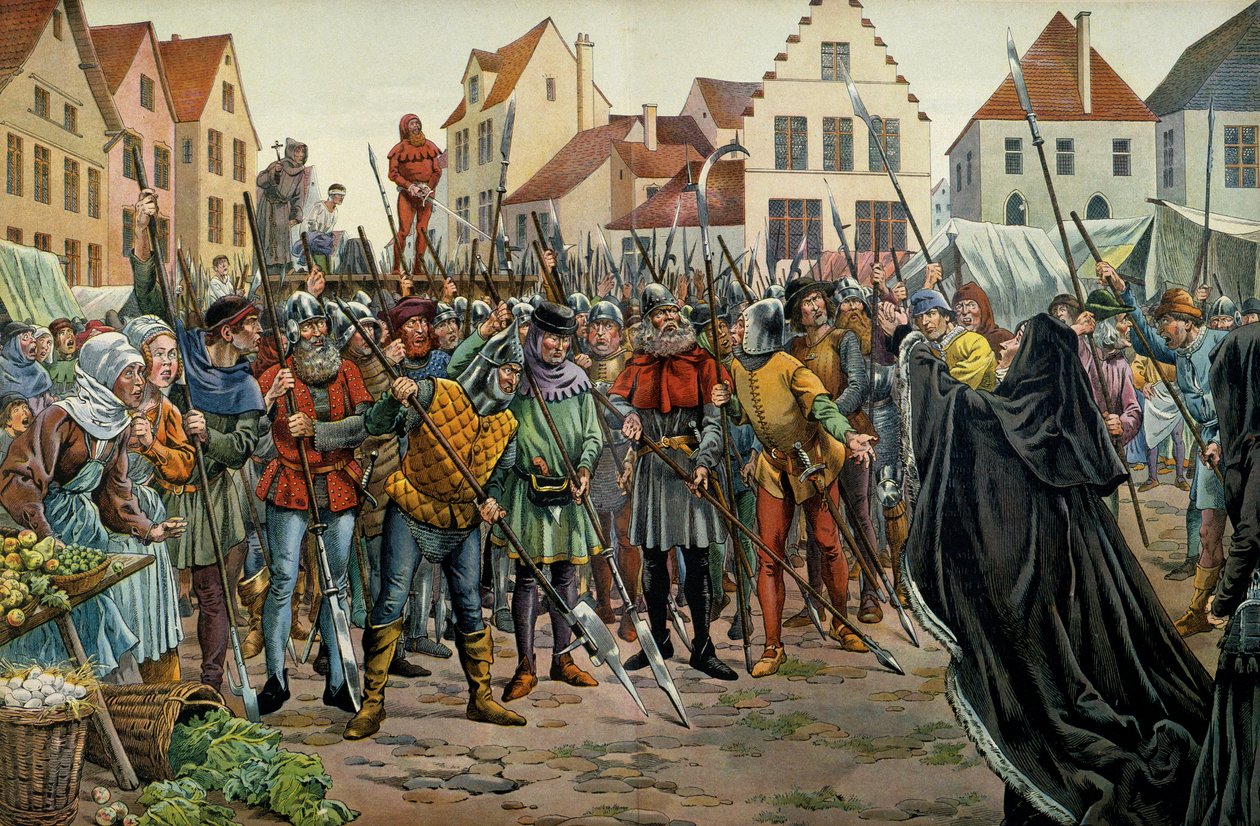 Maria di Borgogna, duchessa di Borgogna, chiede clemenza per i suoi consiglieri nel 1477. Illustrazione di Jacques Marie Gaston Onfray de Breville dit JOB in 
