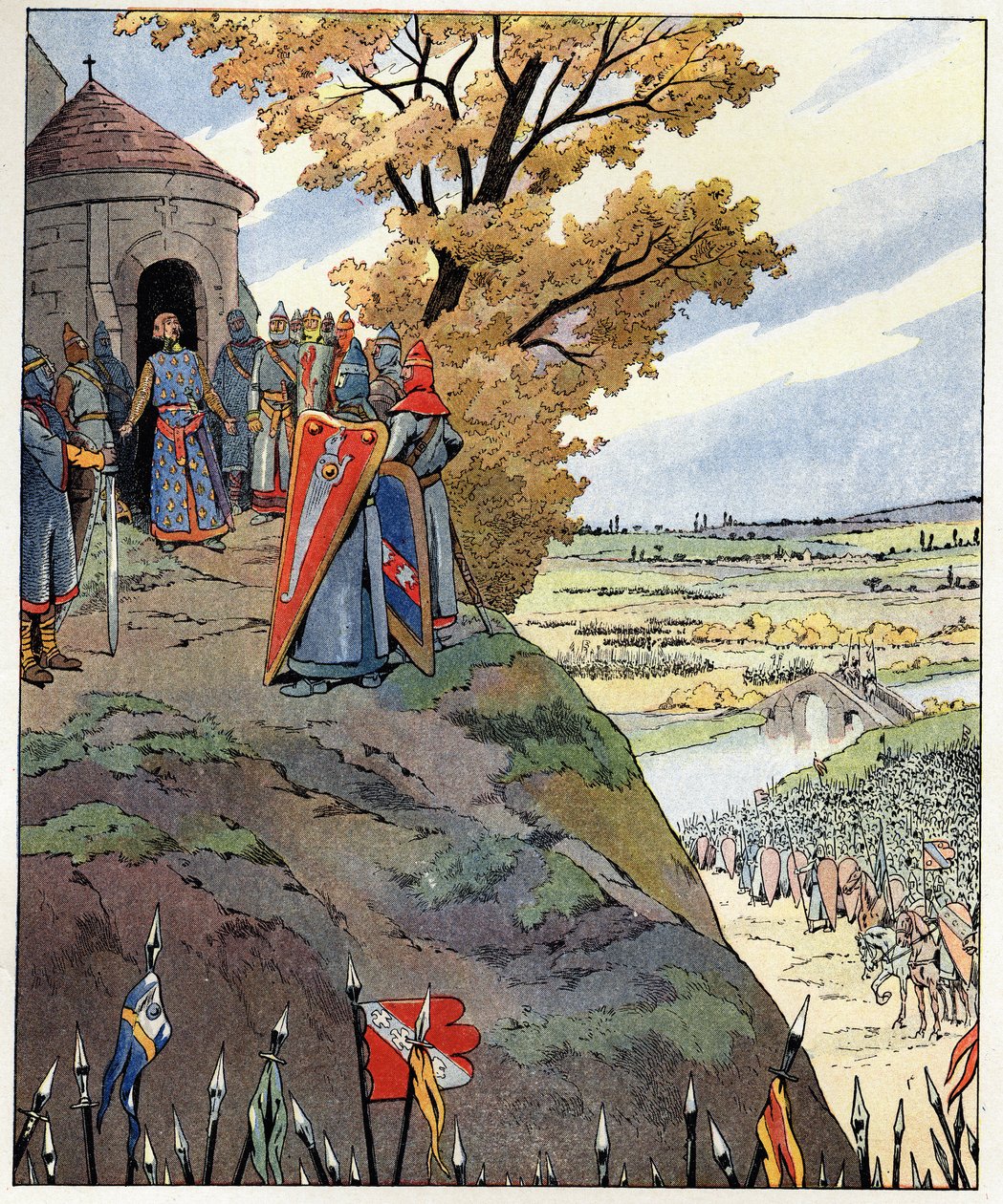 La mia corona ai coraggiosi, parole del re Filippo II detto Filippo Augusto (1165-1223) ai signori prima della vittoria della battaglia di Bouvines il 27 luglio da pseudonym for Onfray de Breville Jacques Job