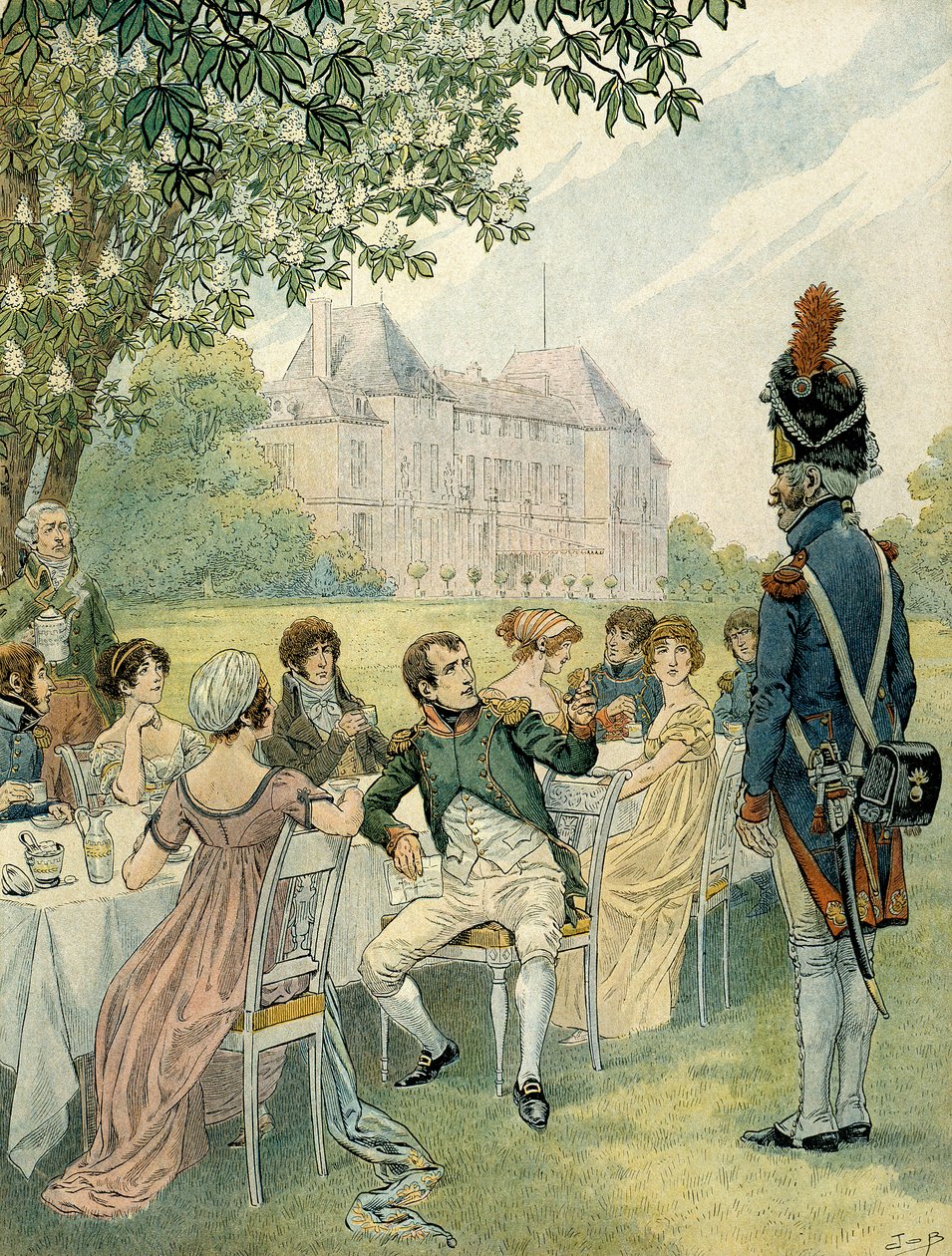 Napoleone I Bonaparte (1769-1821) durante un pranzo nei giardini del castello di Malmaison. Illustrazione di Jacques Marie Gaston Onfray de Breville detto JOB (1858-1931). Collezione privata da pseudonym for Onfray de Breville Jacques Job