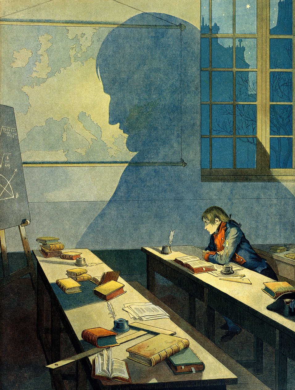 Napoleone I Bonaparte (1769-1821) studia alla Scuola Militare Reale di Brienne. La sua ombra cade sulla mappa geografica dell