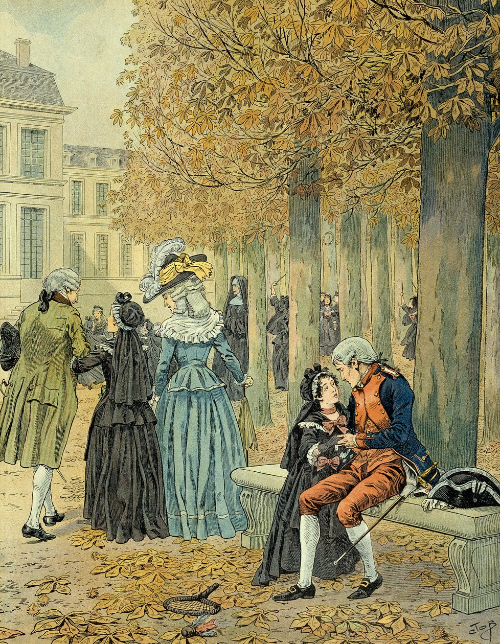Napoleone I Bonaparte visita sua sorella Elisa Bonaparte alla casa reale di Saint Cyr. Illustrazione di Jacques Marie Gaston Onfray de Breville dit JOB da pseudonym for Onfray de Breville Jacques Job