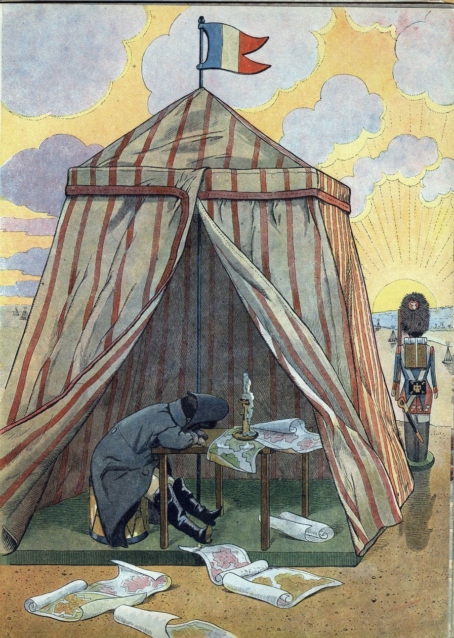 Scena della storia di Francia con giocattoli: Napoleone I Bonaparte (1769-1821) a riposo prima della battaglia di Austerlitz il 2 dicembre 1815. In "Joujoux à l