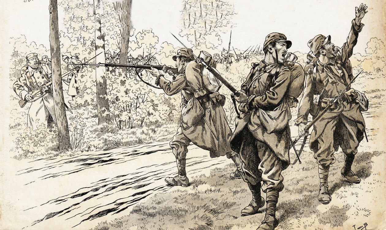 Sparate! Soldati francesi della guerra 1914-1918 inviati in pattuglia per riconoscere la forza e l