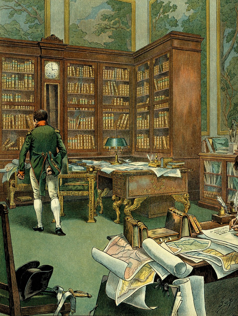Gabinetto di lavoro di Napoleone I Bonaparte (1769-1821) al primo piano del Palazzo delle Tuileries mentre era Primo Console. Scrivania con biblioteca e orologio in legno. Illustrazione di Jacques Marie Gaston Onfray de Breville detto JOB (1858-1931). Coll da pseudonym for Onfray de Breville Jacques Job
