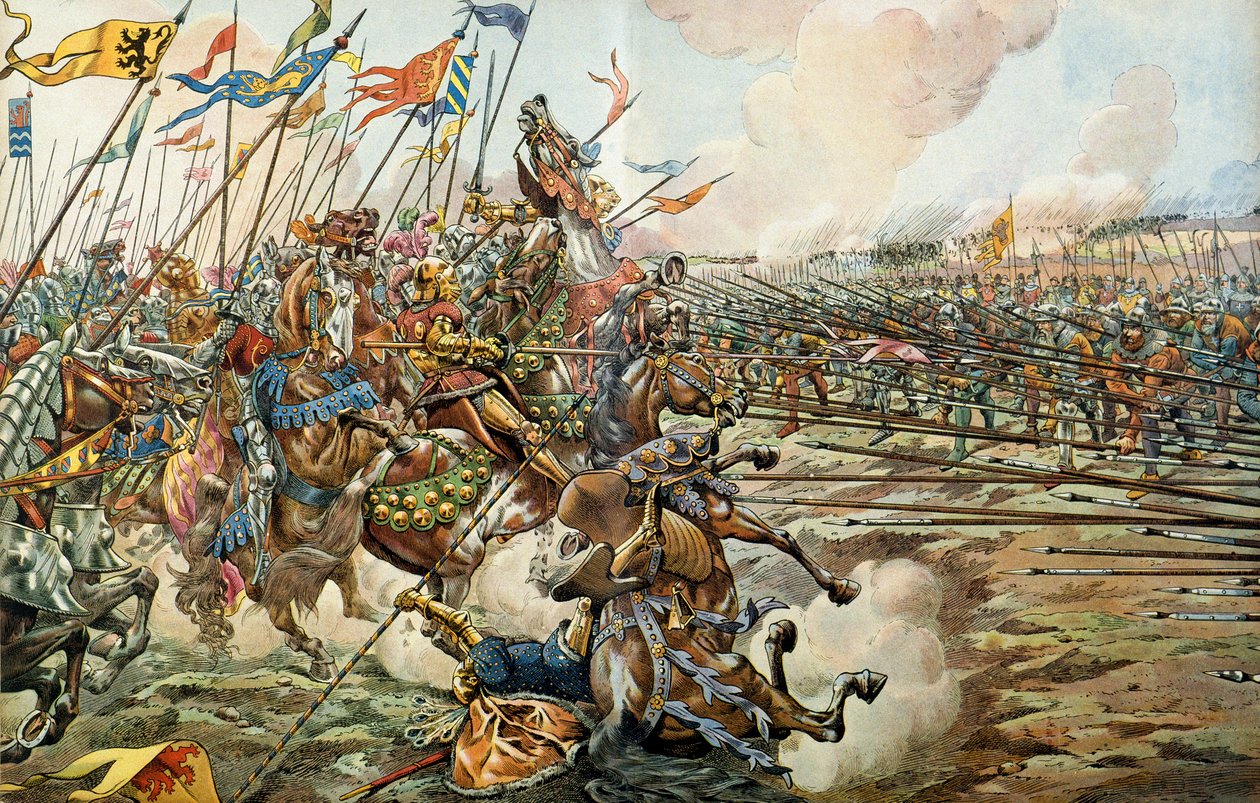 La battaglia di Grandson tra i Borgognoni e gli Svizzeri a Grandson, Svizzera, il 2 marzo 1476. Illustrazione di Jacques Marie Gaston Onfray de Breville detto JOB da pseudonym for Onfray de Breville Job