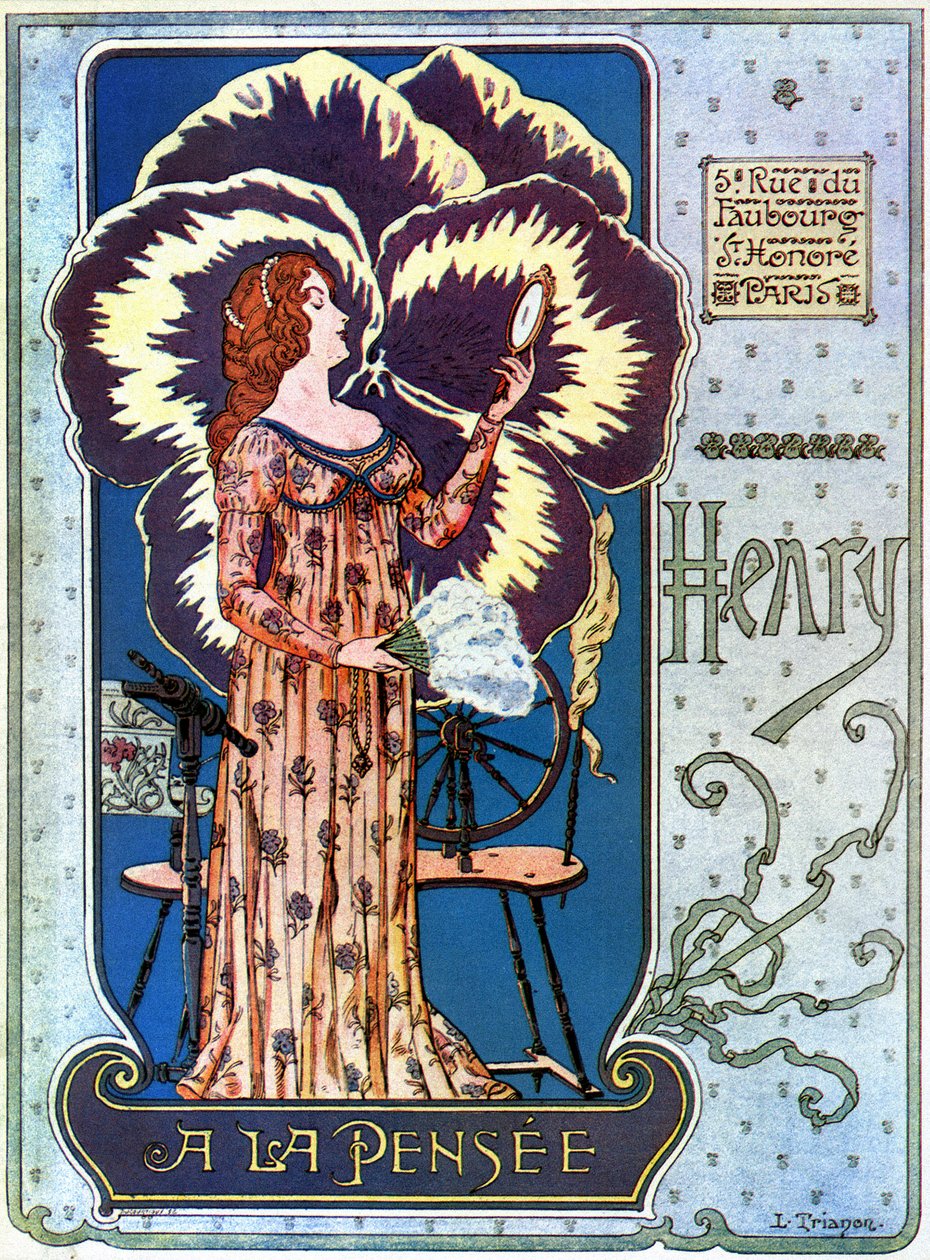Art Nouveau: manifesto pubblicitario per il negozio di cosmetici Henry a la Pensée a Parigi. Una giovane donna si ammira in uno specchio, dietro di lei un fiore di pensiero. Illustrazione di L. Trianon da pseudonym of Trinquier Louis Trinquier Trianon