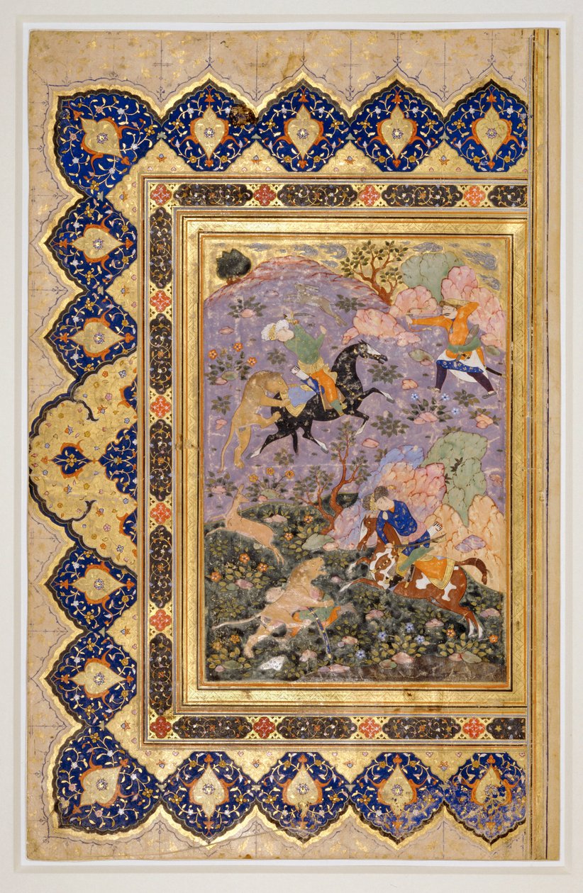 Caccia agli animali selvatici, 1540 circa (inchiostro, guazzo e oro) da School Iranian
