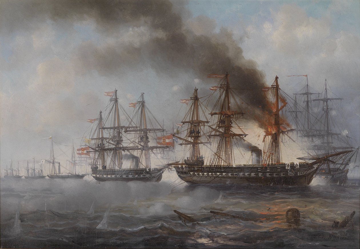 La battaglia navale di Helgoland 1864 (la fregata austriaca Schwarzenberg in fiamme, dietro la fregata Radetzky) da Josef Karl Berthold Puttner