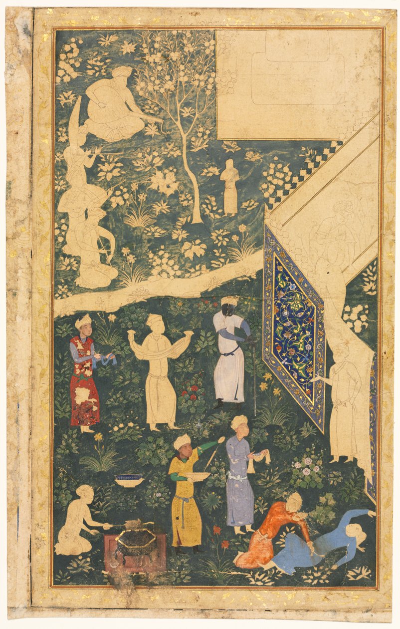 Lato sinistro di un foglio di album a doppia pagina: Fuori da un accampamento reale (recto) da style of Bihzad