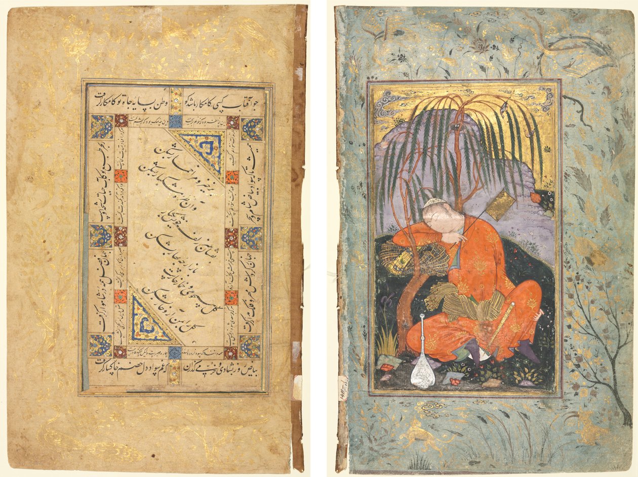 Couplets persiani (recto); Giovane dormiente (verso) da style of Riza yi Abbasi
