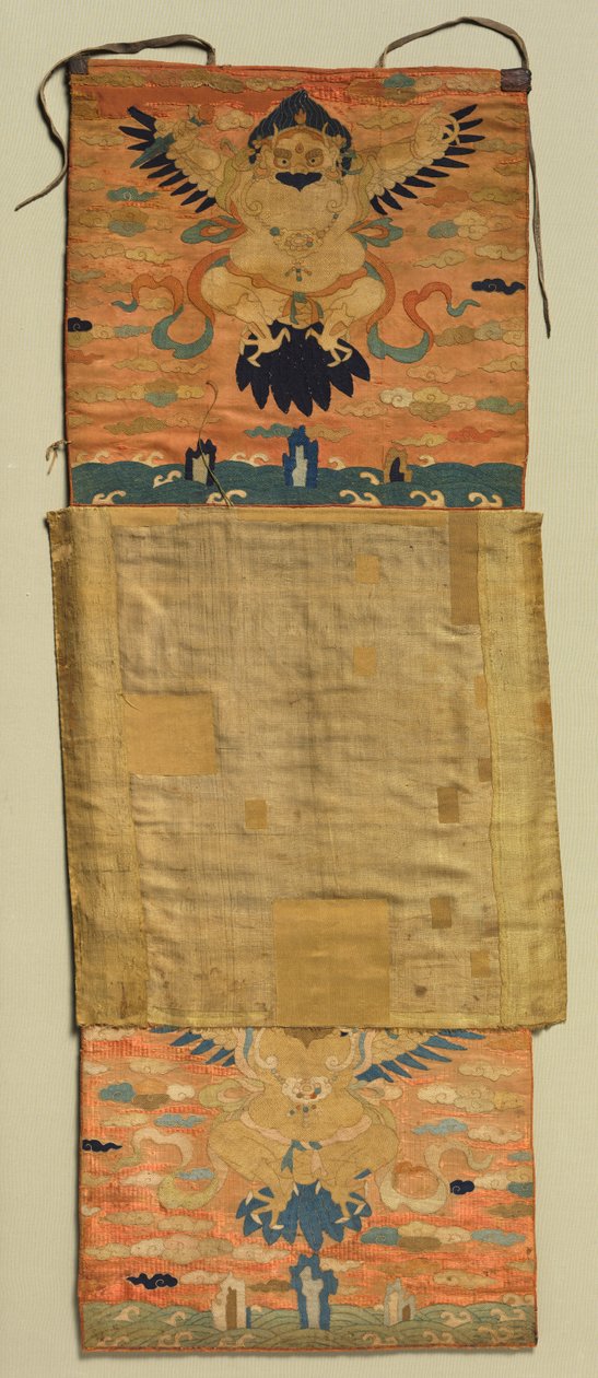 Vajrapani montato ricamato con Garuda, pittura 1600, ricamo c. 1300 da the Tenth Black Hat Karmapa Chöying
