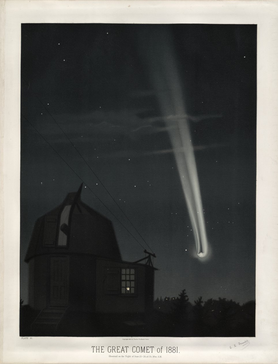 La grande cometa del 1881 (Cometa C/1881 K1). Osservata nella notte del 25-26 giugno alle 1h. 30m. A.M. (Tavola XI dai Disegni Astronomici di Trouvelot 1881) da Étienne Léopold Trouvelot