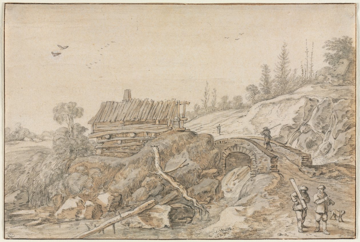 Paesaggio collinare con capanna accanto a un ruscello, 1627 da van de Velde Esaias