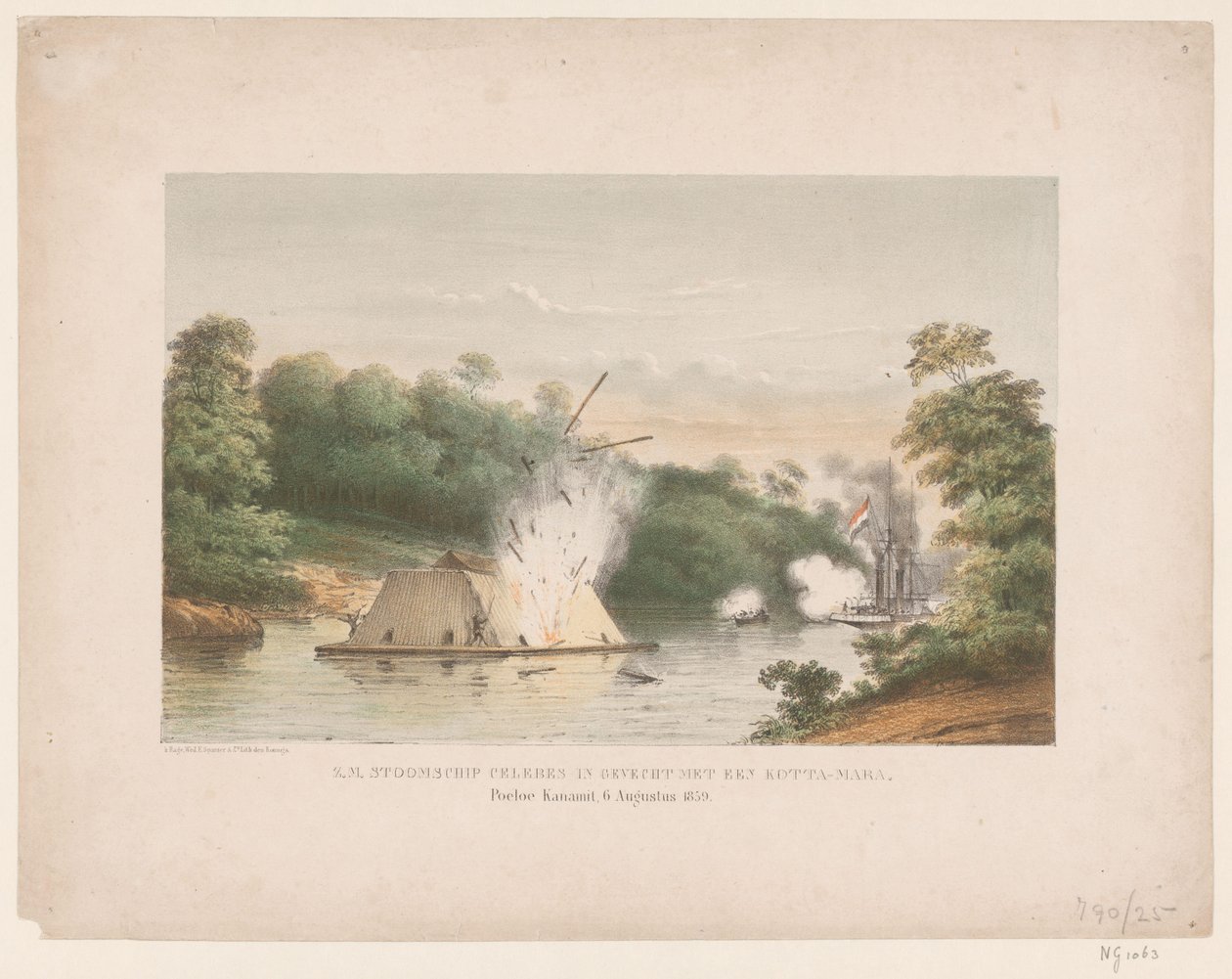 Z.M. Nave a vapore Celebes in combattimento con una kotta-mara. Poeloe Kanamit, 6 agosto 1859 da weduwe Elias Spanier and Zn