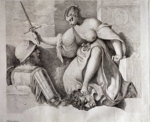 Salomè con la testa di San Giovanni Battista. In basso a sinistra 