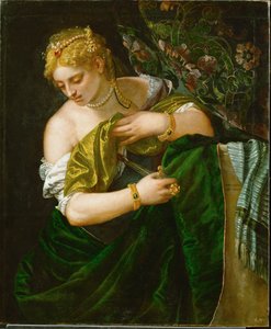 Lucrezia, nobildonna romana sposata a Tarquinio Collatino, si suicida dopo essere stata violentata dal figlio di Tarquinio Superbo (olio su tela) da (1528-88) Veronese