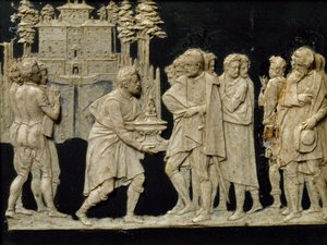 Presentazione a Francesco I del modello della fontana a Pratolino, di Jean de Boulogne alias Giambologna, piastrella in cera da Giambologna