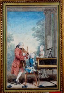 Wolfgang Amadeus Mozart (1756-1791) da bambino che suona il pianoforte con suo padre e sua sorella da Carmontelle