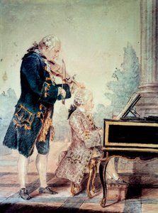 Wolfgang Amadeus Mozart bambino che suona il pianoforte con suo padre Leopold (acquerello di Louis Carrogis Carmontelle) da Carmontelle