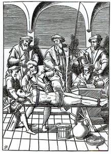 Tortura ad acqua, da una xilografia della "Praxis Rerum Criminalium" di Joos de Damhouder (1507-81) pubblicata ad Anversa da (after) Dutch School
