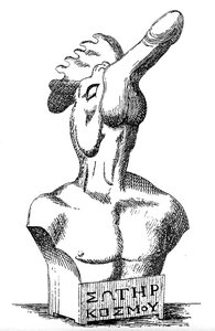 Scultura in bronzo greca o ellenistica raffigurante un torso umano con un gallo e un fallo per testa e iscrizione greca 