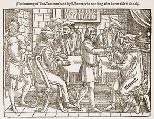 La combustione della mano di Tho. Tomkins da B. Boner, che poco dopo bruciò anche il suo corpo, illustrazione da 