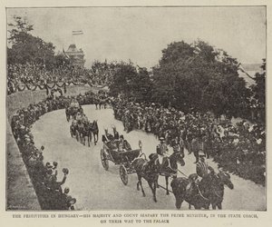 Le festività in Ungheria, Sua Maestà e il Conte Szapáry il Primo Ministro, nella carrozza di stato, sulla strada per il Palazzo (foto in bianco e nero) da (after) English photographer