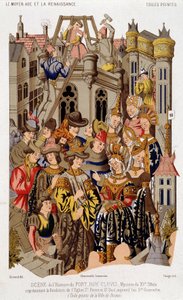 Scena della storia di Fort Roy de Clovis. Mistero del XV secolo che rappresenta la fondazione della Chiesa di San Pietro e San Paolo, oggi Santa Genoveffa. (dalla) Tela dipinta della città di Reims.