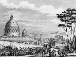 Rivoluzione francese: Entrata trionfale dei francesi a Roma in Italia nel febbraio 1798 guidata dal generale Louis Alexandre Berthier che invase gli stati pontifici e conquistò la città di Roma l