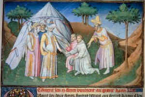 I fratelli Nicolo e Matteo Polo, padre e zio del giovane Marco Polo (1254-1324) ricevuti alla corte del Gran Qubilai (Kubilai Khan, primo imperatore della dinastia Yuan mongola (1215-1294), imperatore mongolo nel 1271). Miniatura da (and workshop) Boucicaut Master