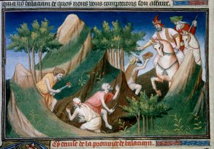 Estrazione di rubini dalla montagna di Sighinan per ordine del re di Badakhchan. Miniatura tratta da “Il libro delle meraviglie” (Devisement of the World, Il Milione) di Marco Polo, illustrata dal Maestro di
