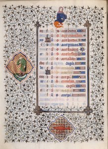 Pagina del manoscritto Les Tres Riches Hours du Duke Francois de Guise: rappresentazione dei segni dello zodiaco e scene di vita quotidiana: cancro e un uomo con una falce