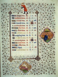 Pagina del manoscritto "Les Tres Riches Heures del Duca Francesco di Guisa" miniato dal Maestro di Boucicaut: rappresentazione dei segni dello zodiaco e scene di vita quotidiana: il sagittario e un allevatore di bestiame. XV secolo. Museo Condé, Chantilly