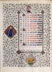 Pagina del manoscritto "Les Tres Riches Heures del Duca Francesco di Guisa" miniato dal Maestro di Boucicaut: rappresentazione dei segni dello zodiaco e scene di vita quotidiana: il toro. XV secolo. Museo Condé, Chantilly