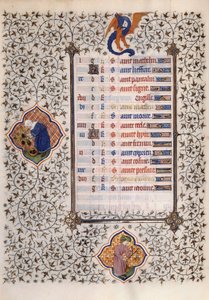 Pagina del manoscritto "Le Très Riches Heures del Duca Francesco di Guisa" illuminato dal Maestro di Boucicaut: rappresentazione dei segni dello zodiaco e del lavoro agricolo: bilancia e raccolto. XV secolo. Museo Condé, Chantilly